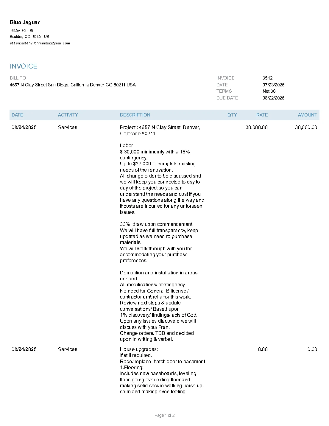 Blue Jaguar invoice 3512 page 1